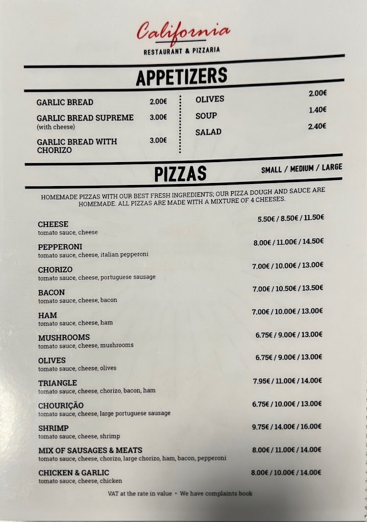 Pizzaria California — Carta