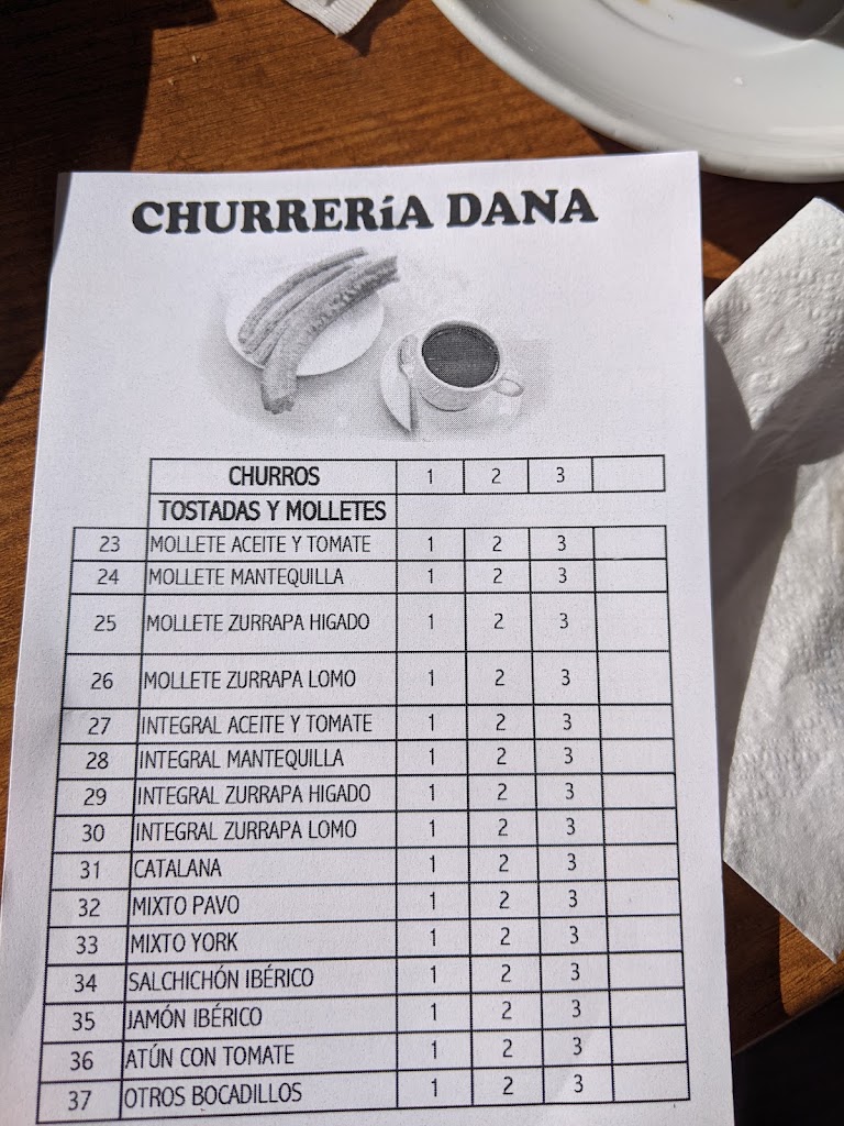 Cafeteria Churreria Dana — Carta