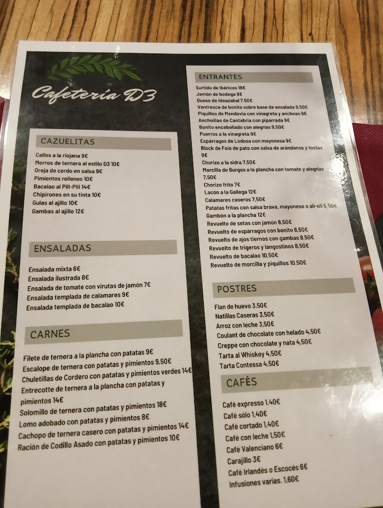 Cafe-Bar D3 — Carta