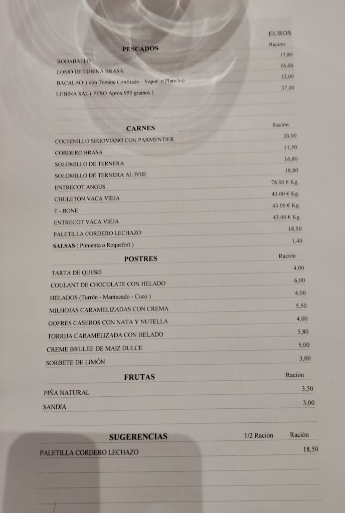 Restaurante Los Chispos — Carta