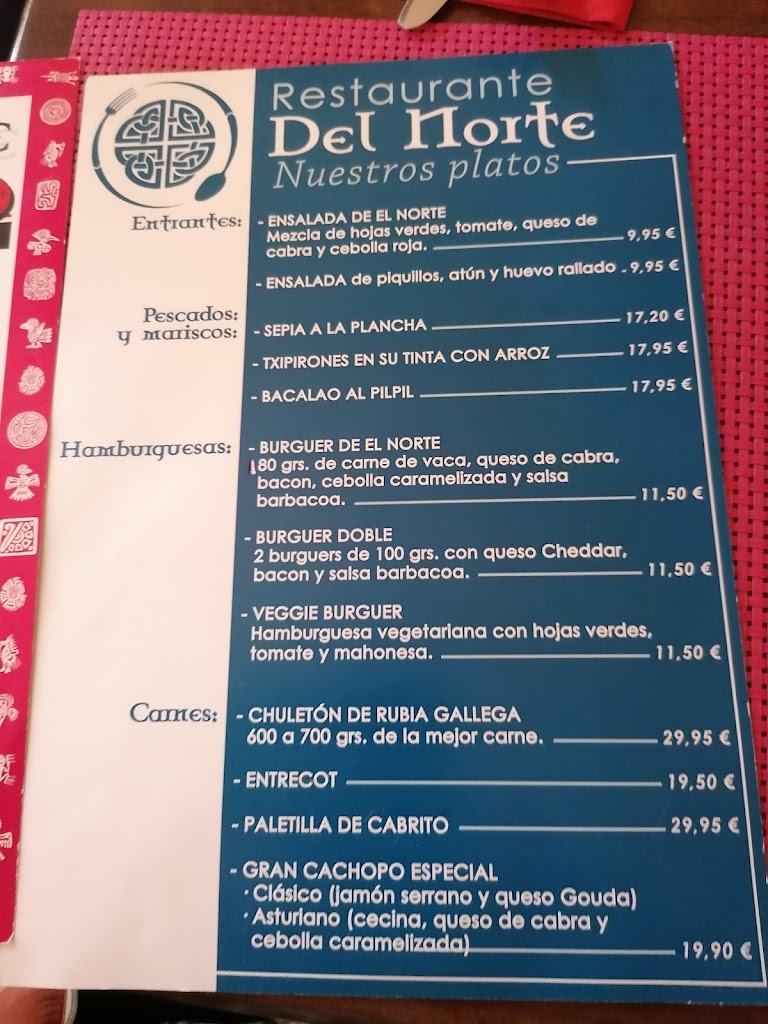 Restaurante Del Norte — Carta