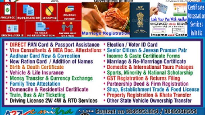 A2Z Emitra Solutions India Passport Aadhar Card Center Gazetted Officer Pan Card Khata Marriage Registration Birth Death Rto