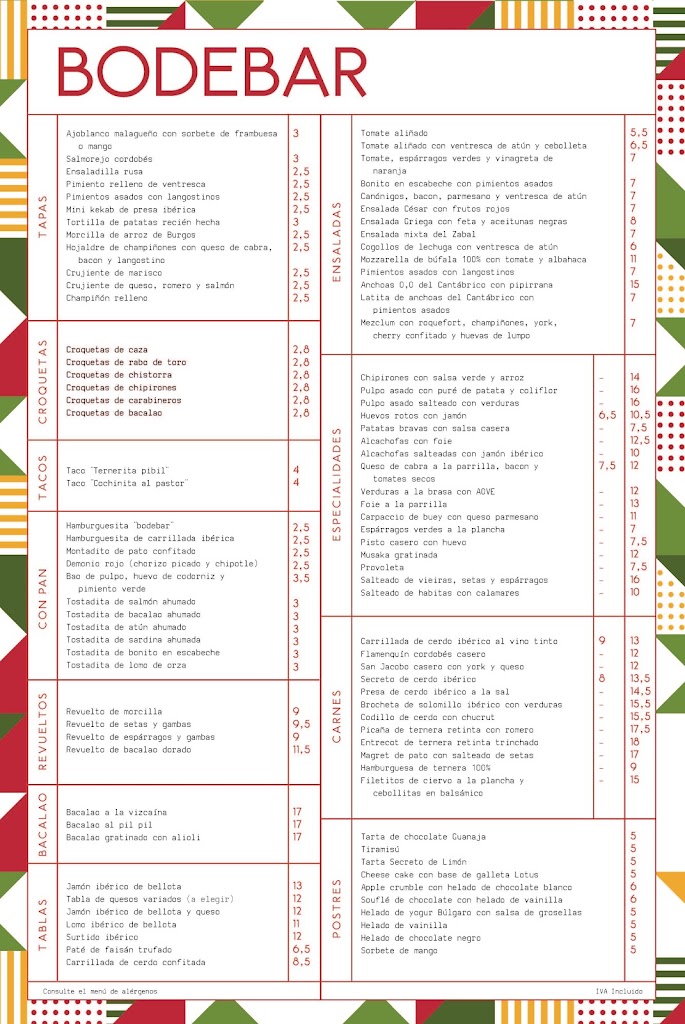 Restaurante Bodebar — Carta