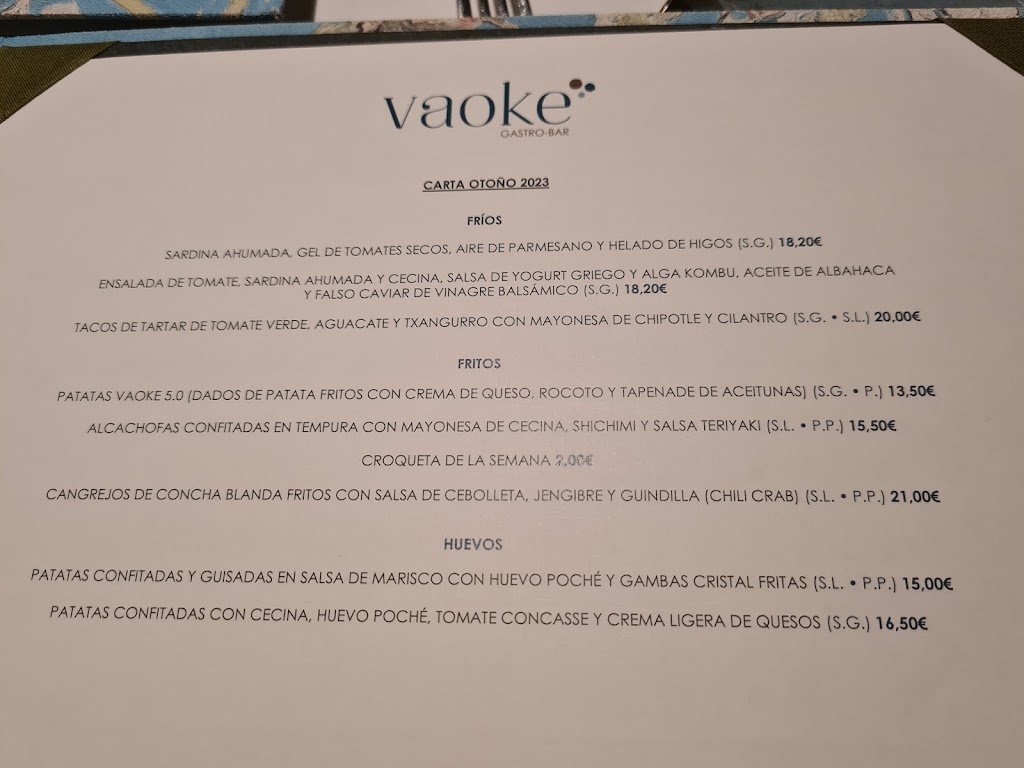 Vaoke Gastro Bar — Carta