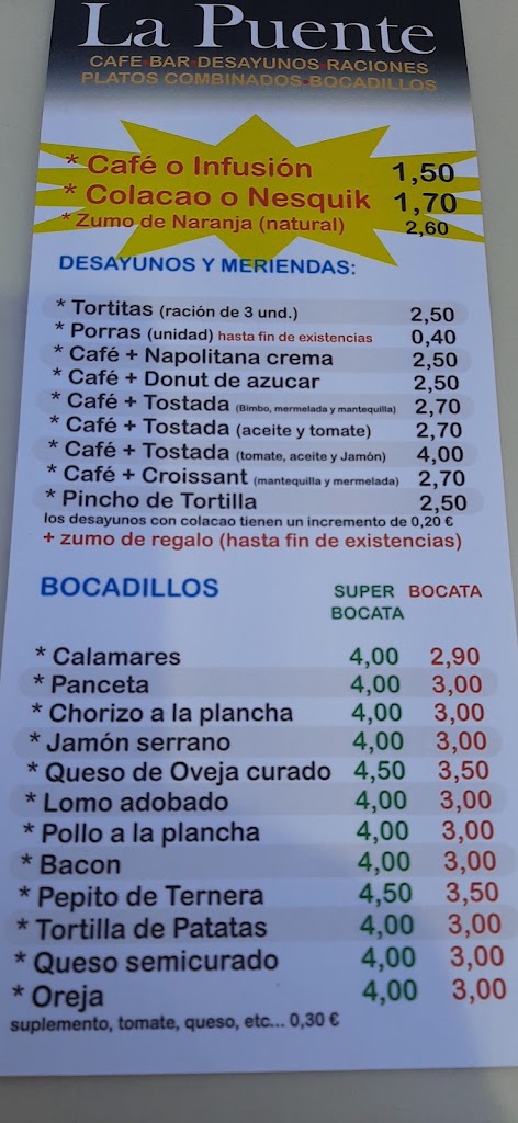 Bar La Puente — Carta