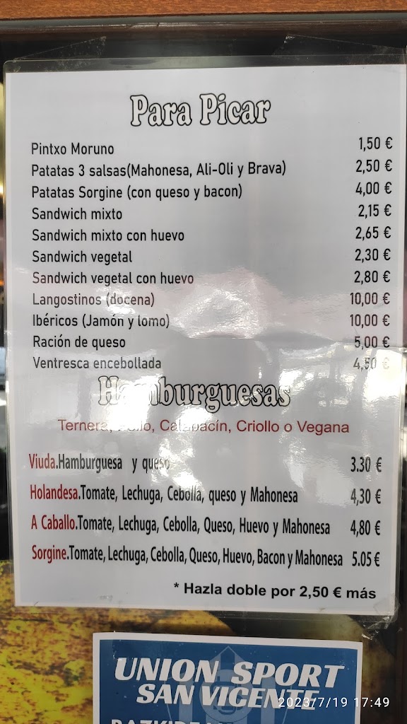 Restaurante Sorgine — Carta