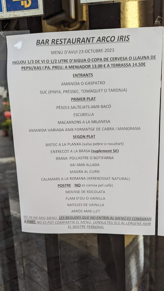 Restaurante Arco Iris — Carta