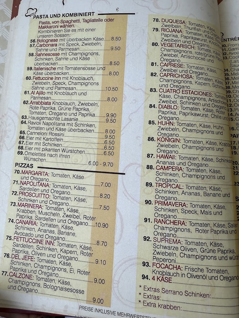 Restaurante Fettuccine Inn — Carta