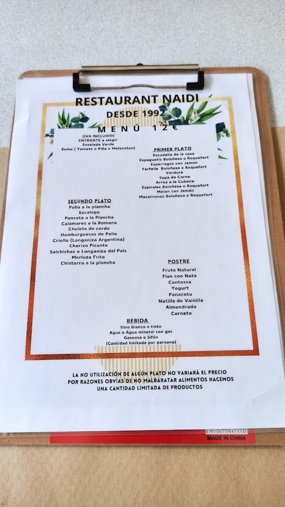 Restaurante Naidi — Carta