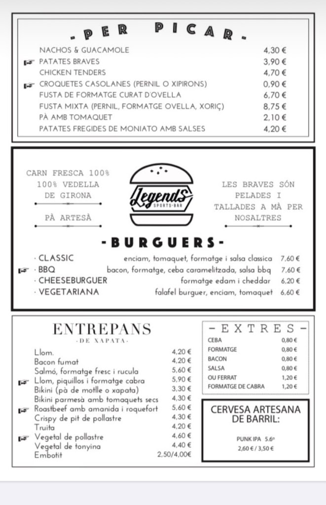 Legends Sports Bar — Carta
