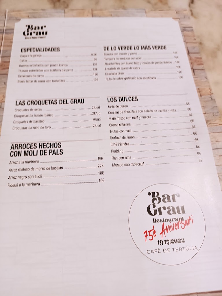 Bar Restaurante Grau S C P — Carta