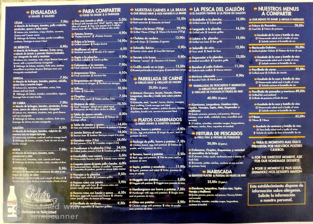 Restaurante Galeon, Playa de Gandia — Carta