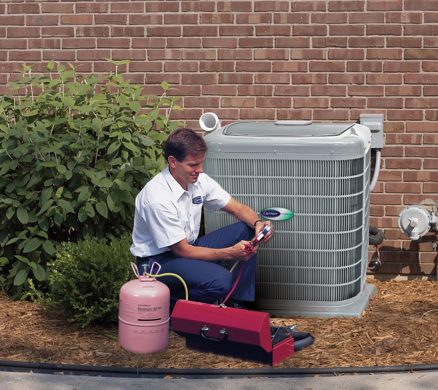 A technician measuring the refrigerant level of an HVAC
