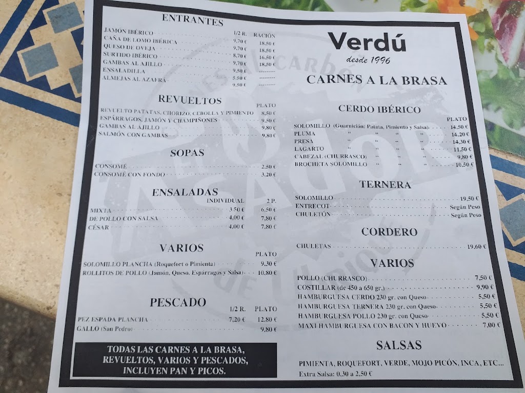 Asador Ubrique Verdu — Carta