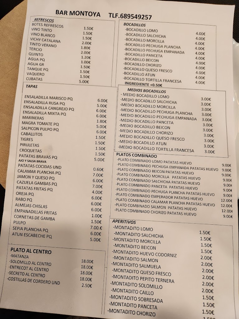 Bar montoya — Carta