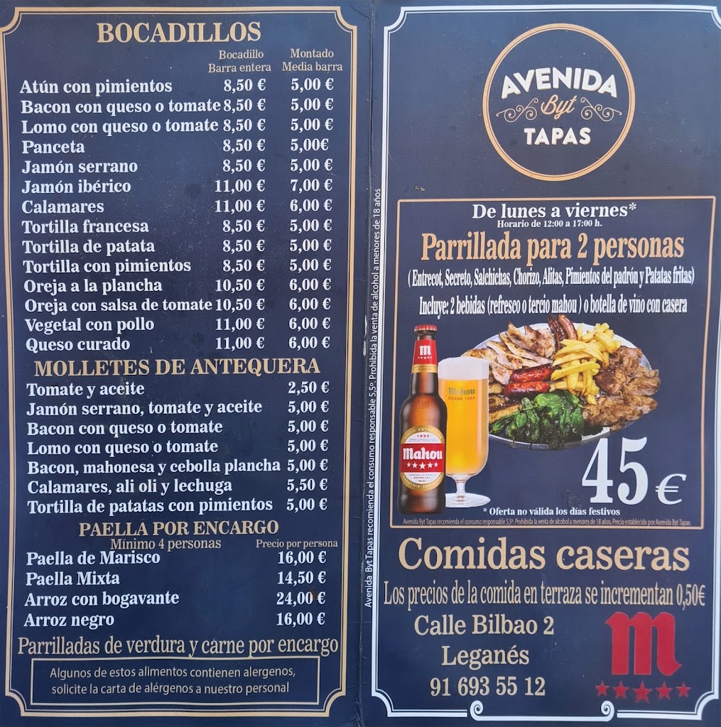 Cafeteria Parra's — Carta