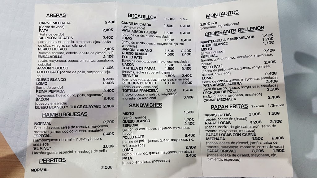 Arepera El Pino — Carta