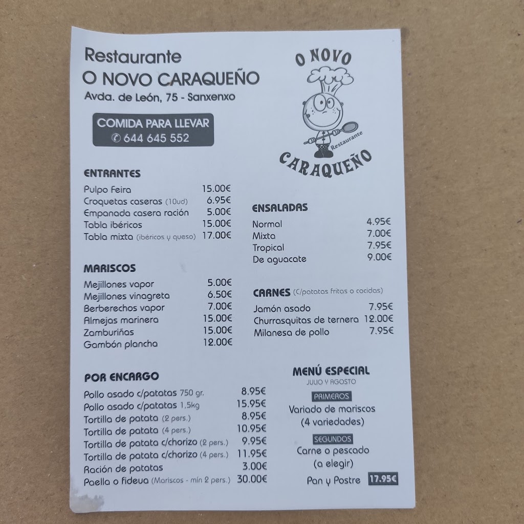 Restaurante O novo caraqueno — Carta