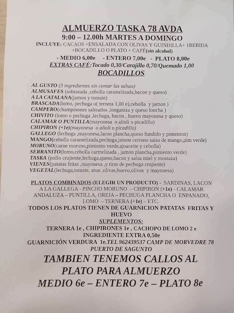 Bar restaurante Taska 78 avda — Carta