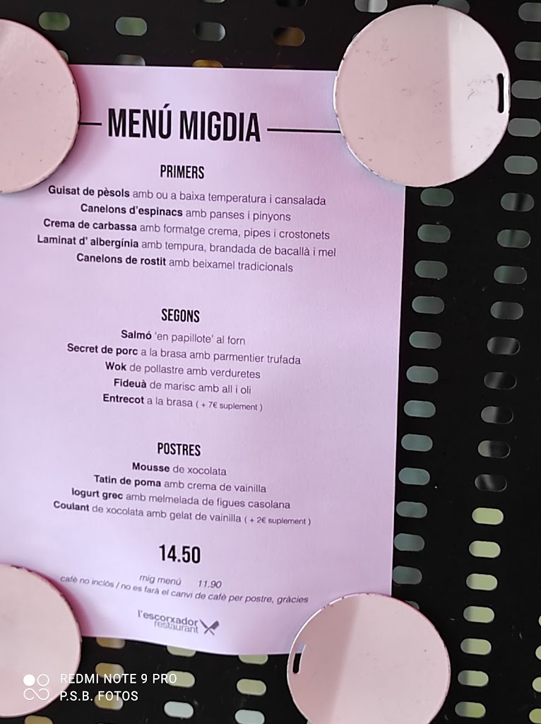 Restaurant L'escorxador — Carta