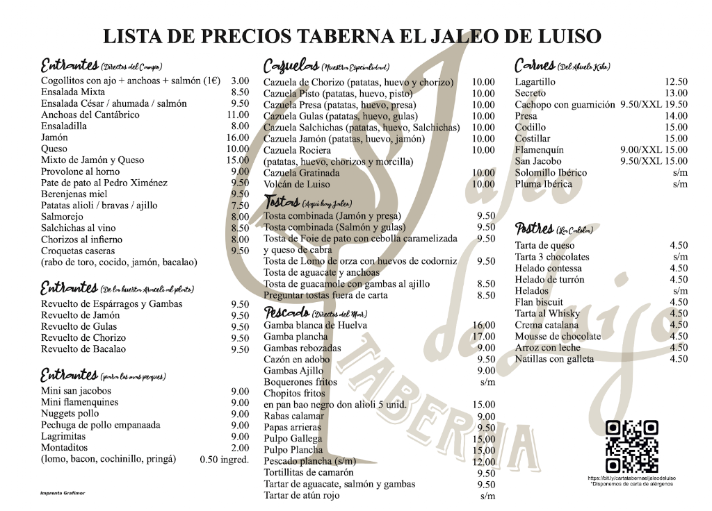 Taberna Jaleo de Luiso — Carta