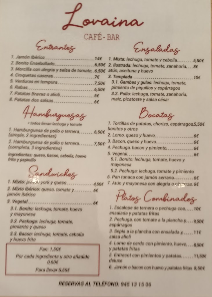 Cafeteria "Lovaina" — Carta