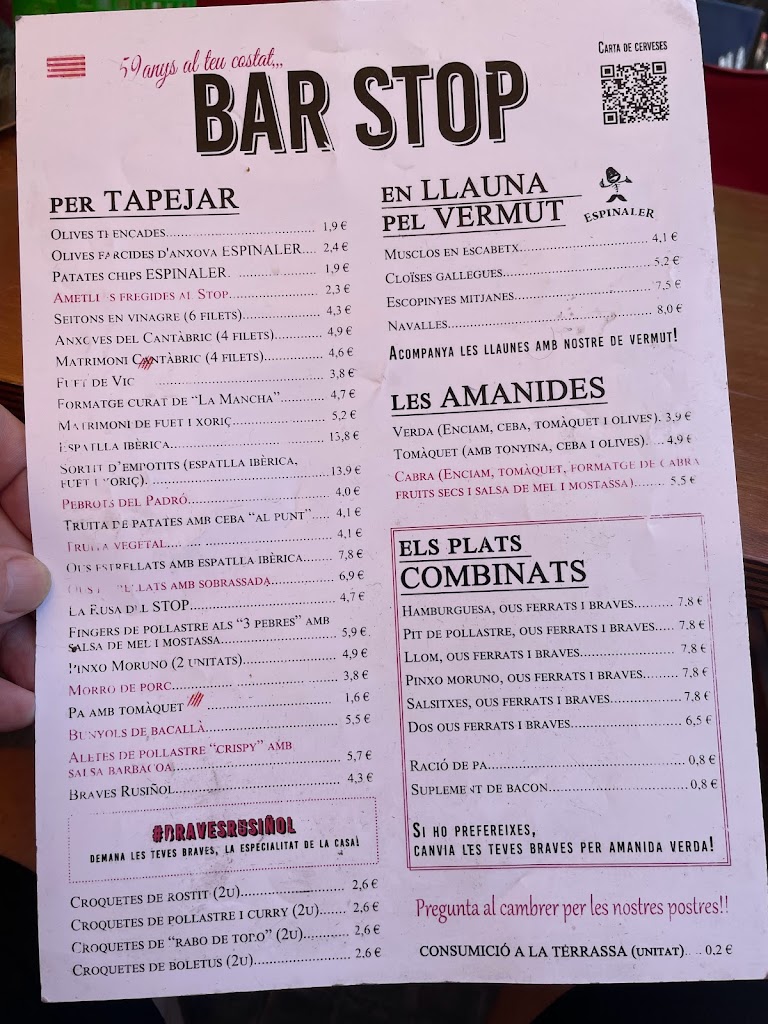 BAR STOP a Sant Cugat des de 1962 — Carta