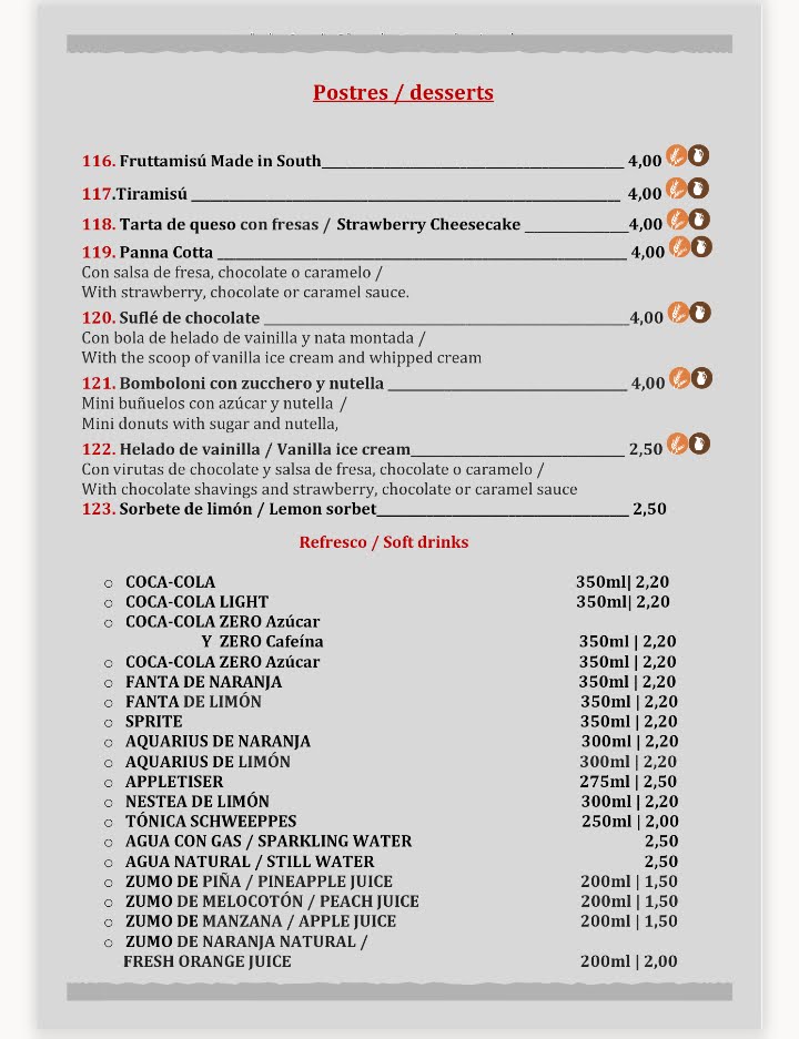 Restaurante Made In South — Carta
