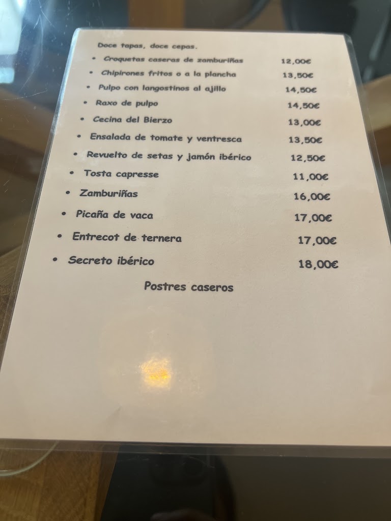 Doce tapas, doce cepas — Carta
