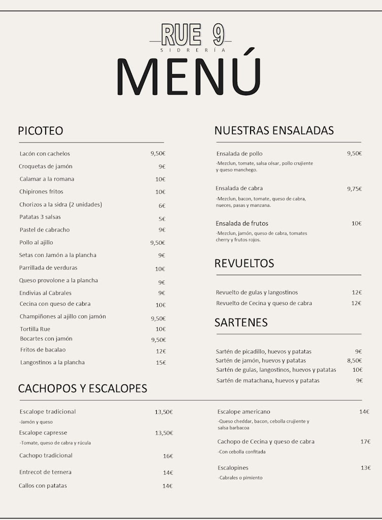 Sidreria Restaurante Rue 9 — Carta