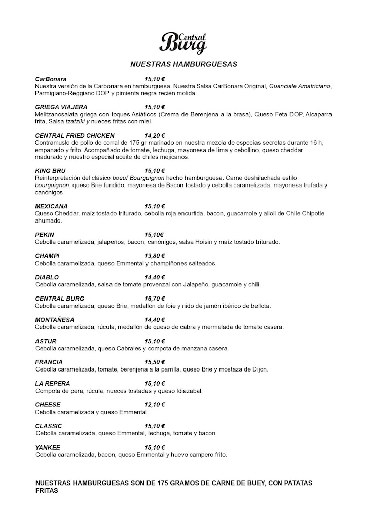 CENTRAL BURG | Hamburgueseria Sant Cugat — Carta