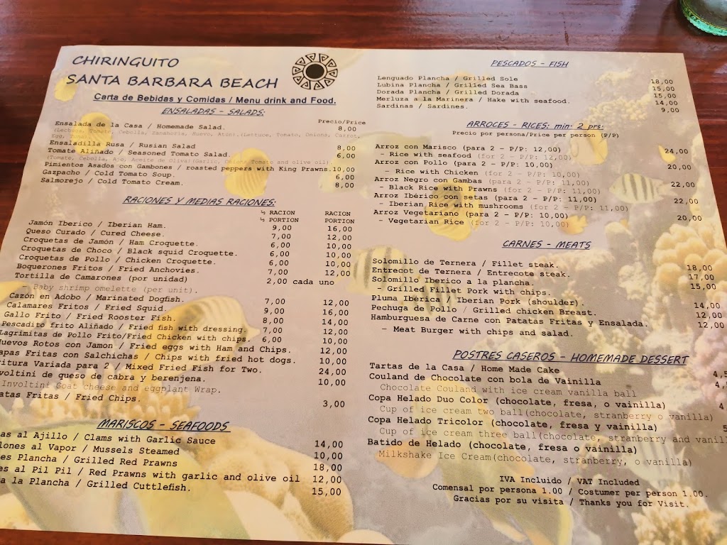 Chiringuito Santa Barbara Beach — Carta
