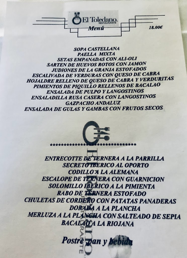 Restaurante El Toledano — Carta