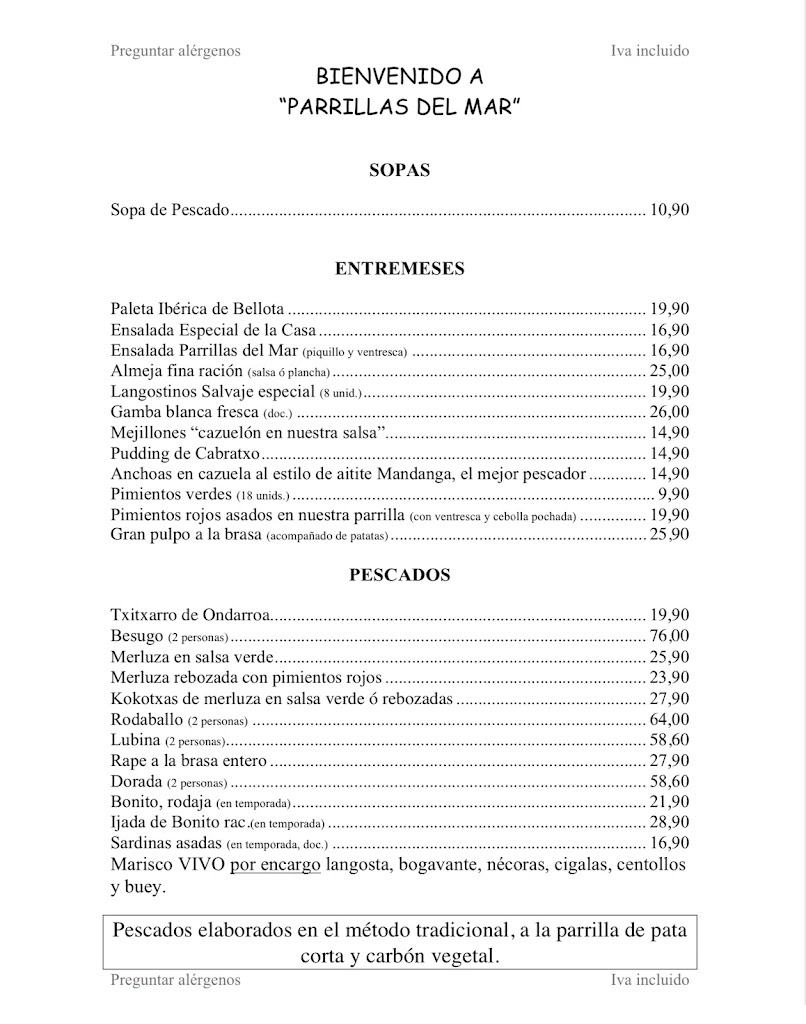 Restaurante Parrillas del Mar — Carta