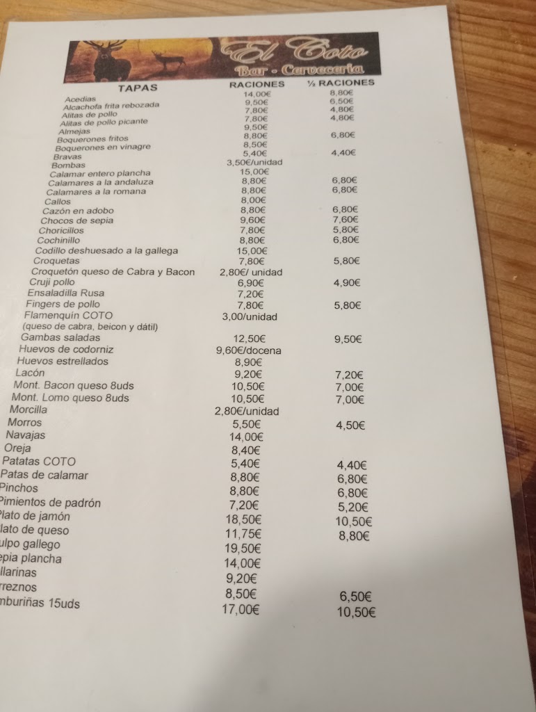 Bar Cerveceria El Coto — Carta
