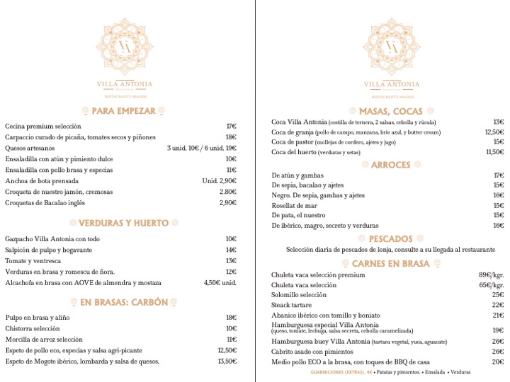 Restaurante Villa Antonia — Carta