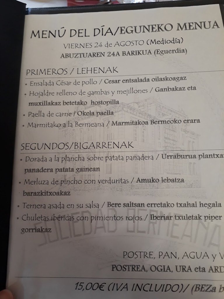 Restaurante Casino Bermeo — Carta