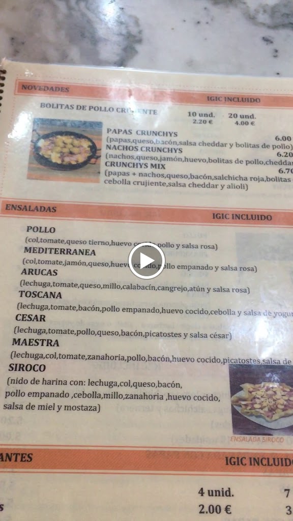Cafeteria Siroco — Carta
