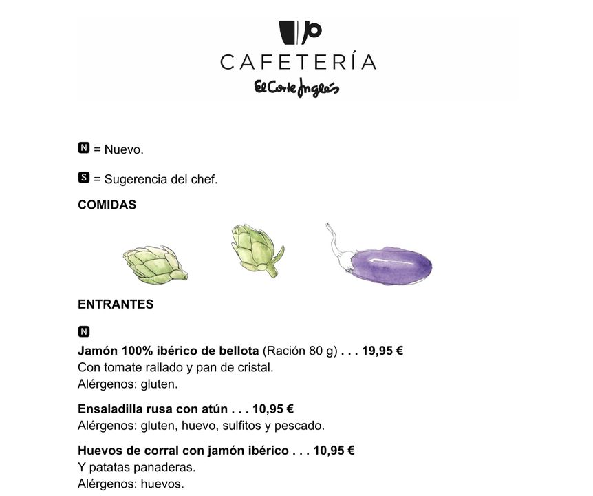 Cafeteria El Corte Ingles — Carta