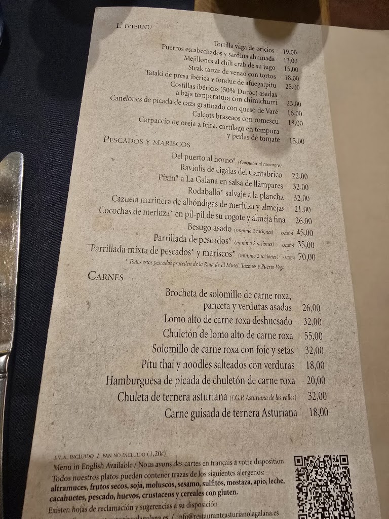 Restaurante Asturiano La Galana — Carta
