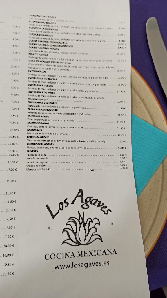 Restaurante Los Agaves — Carta