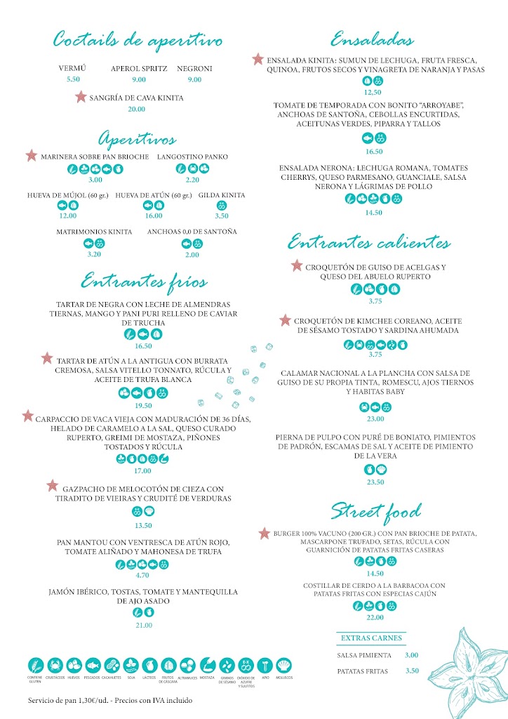 Kinita Restaurant & Beach Club — Carta