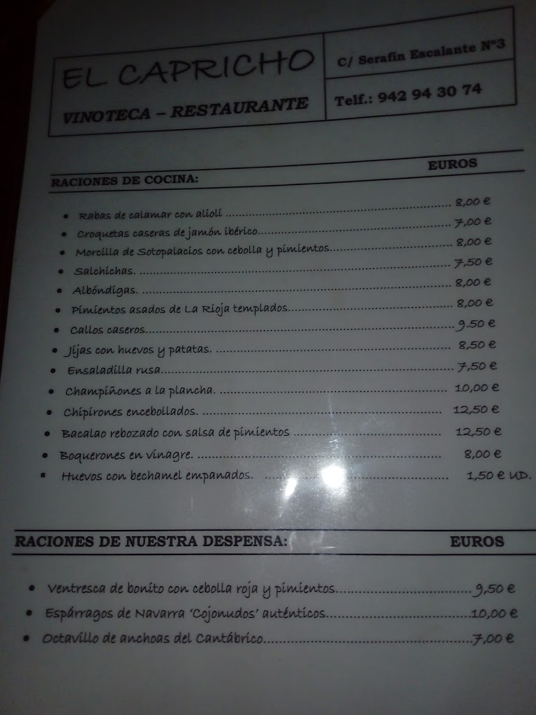 Vinoteca El Capricho — Carta