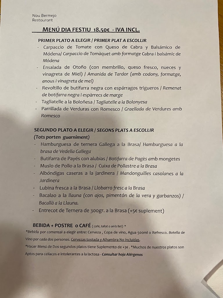 Nou Bermejo Restaurant — Carta