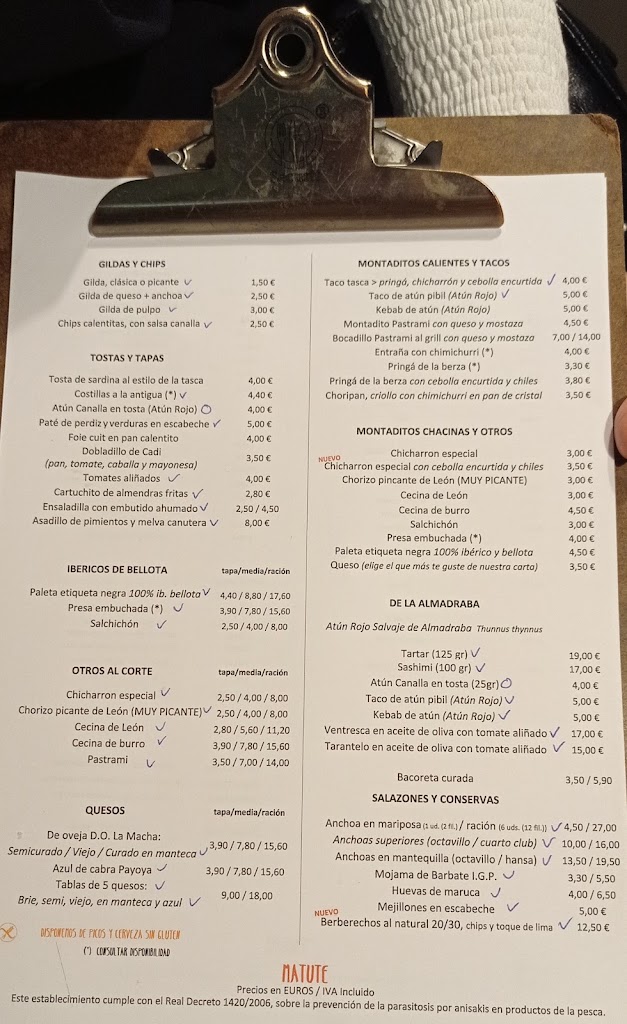 Tasca Matute — Carta