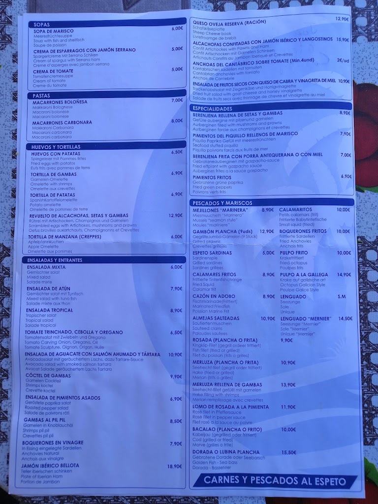 Chiringuito Las Palmeras — Carta
