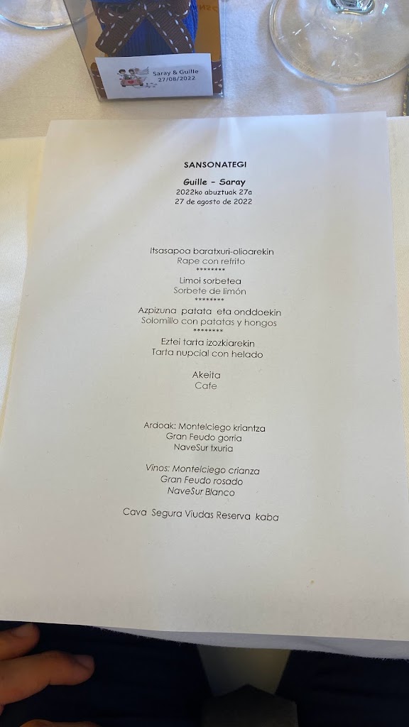 Restaurante Sansonategi — Carta