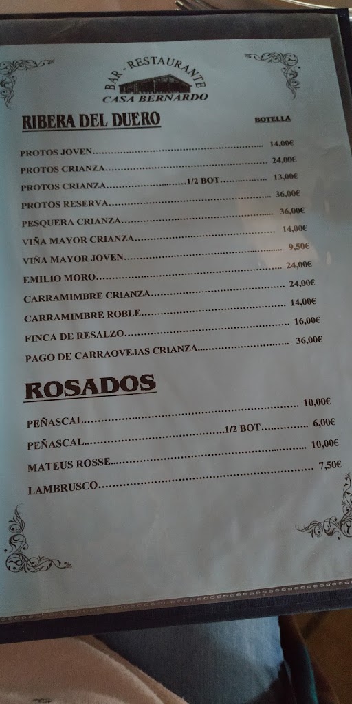 Restaurante Casa Bernardo — Carta