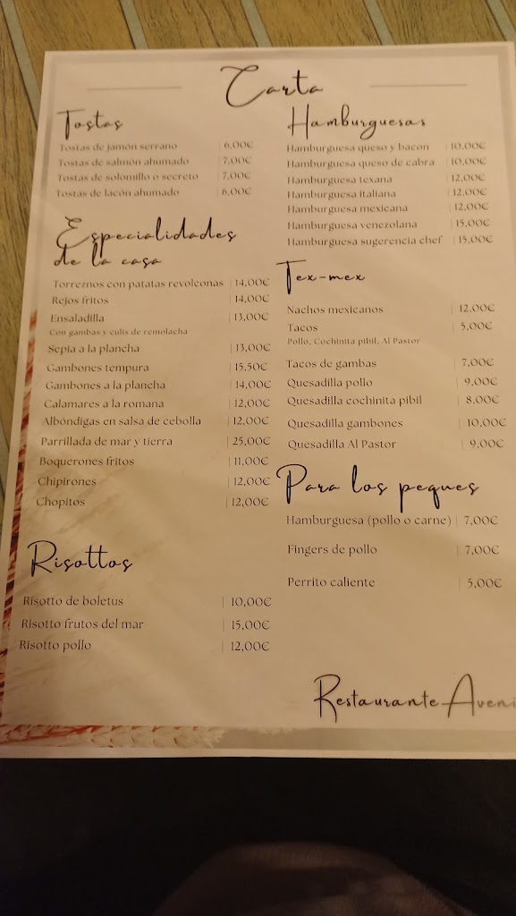 Restaurante Avenida — Carta