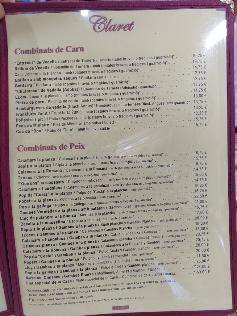 Bar Restaurant Claret — Carta